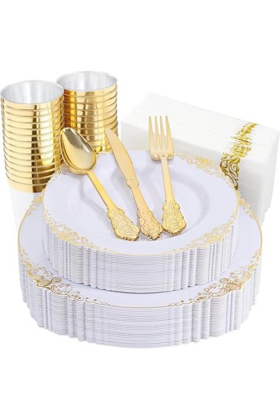 ANGJU Disposable Paper Plate, 50PCS Gold Plastic Dinnerware Set - White and G...