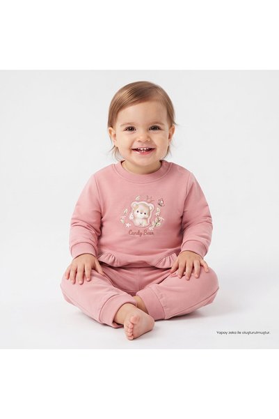 Bebetto Kız Bebek Sweatshirt-Alt Ayı Baskılı Bisiklet Yaka Long Sleeve Patiksiz