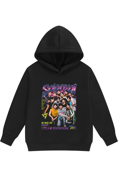 PANDORICA سترة رياضية بغطاء للرأس بدون جيوب للأطفال مطبوعة من Seventeen KPOP