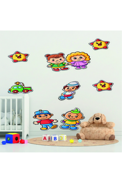 Sevimli Büyük Karakterler Ve Çocuk Figürleri Duvar Sticker Seti (9 Parça - Büyük Boy)