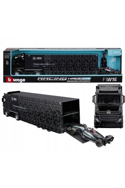 BBURAGO CAMION MERCEDES ACTROS CU REMORCĂ + BOLID F1 GEORGE RUSSELL 1:43