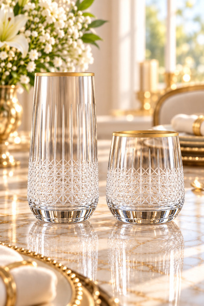sglass 6 Kişilik 12 Parça Hasır El Dekor Gold Su Takımı, Bardak Seti