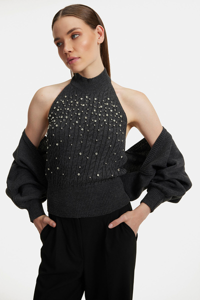 Cmc Tekstil Women's Anthracite Stone Embroidered Halter Neck Knitwear Blouse Cardigan Double Set