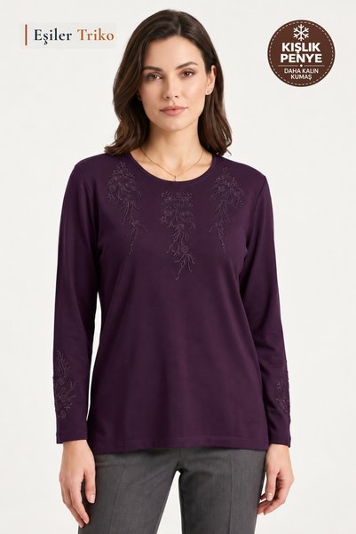 Eşiler Triko Women's Winter Rose Bunch Pattern Collar and Sleeves Embroidered...