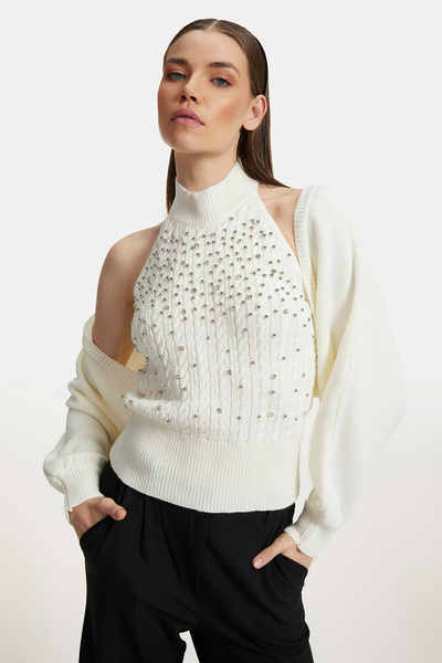 Cmc Tekstil Women's Cream Stone Embroidered Halter Neck Knitwear Blouse Cardigan Double Set