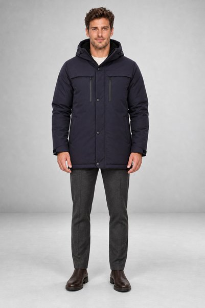 MYRAB DENİM Men's Navy Blue Windproof Hooded Winter Coat & Parka