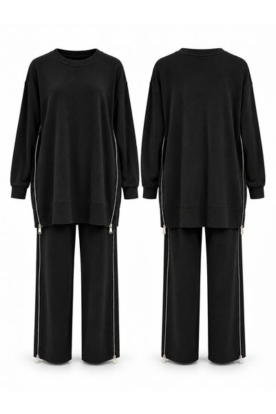 Ceremony Bora Blouse with Side Zipper Detail and Trousers Set 177 Black