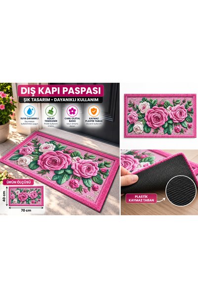 Paspas Galerisi Pink Rose Patterned Outdoor Door Mat 40X70 cm Digital Printed...