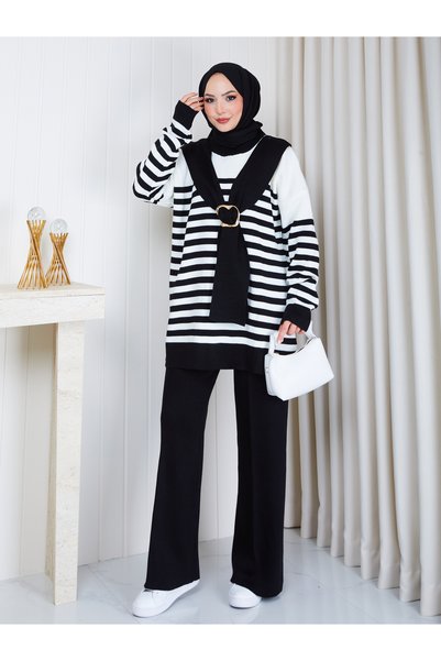 EFSUN MODA طقم تريكو نسائي بتفاصيل شال ومشبك