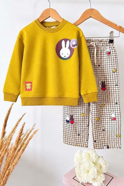 Monila Kız Çocuk 3 İplik Pamuklu Kumaş Sarı Tavşan Baskılı Sweatshirt ve Kareli Altlı Alt Üst Takım
