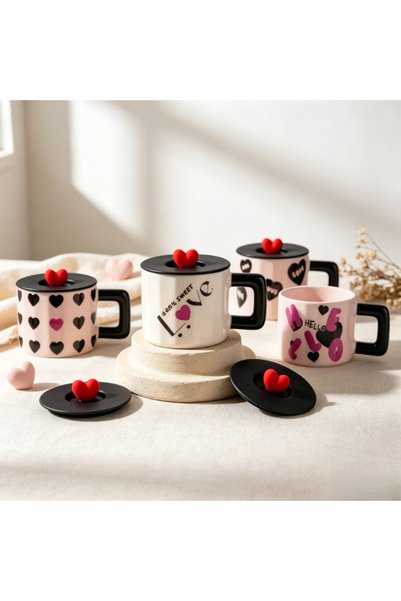 idei Cană de cafea ceramică cu capac decorativ inimă, înălțime 9 cm, diametru...