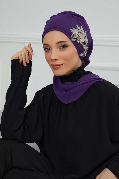 METKAR عمامة شيفون جاهزة مع إكسسوارات زهور مرصعة بالحجارة، HT-104، HT-104 بنفسجي