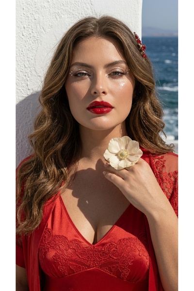 PICO fashion طقم ملابس نوم من الساتان بتفاصيل دانتيل مقاس كبير