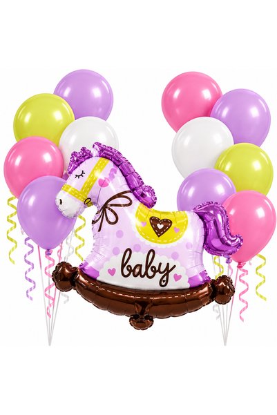 genaja Set Baloane Baby cu Căluț Mov din Folie 65 cm și 11 Baloane Latex Roz,...