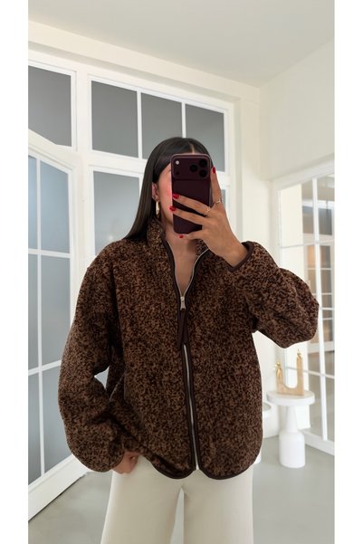 GAUS CO Kahve Desenli Fermuarlı Cepli Polar Sweatshirt GAUS-01916 GAUS-02292