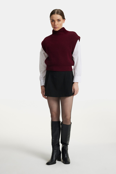 Cmc Tekstil Women's Burgundy High Collar Thick Ribbed Knit Sweater