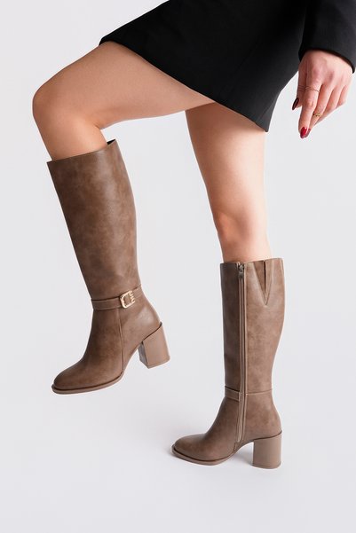 BAHRİNA Women's Mink Skin Thermo Rubber Sole Heeled Boots with Stone Buckle