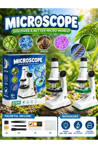 OEM Microscop pentru Copii 200x–1200x, Set Educativ cu 10 Accesorii și Iluminare