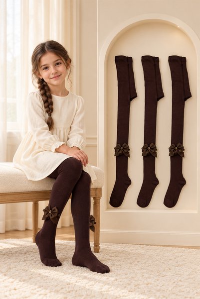 Defne Baby Girl's Ribbon Detailed Brown 3-Piece Premium Pantyhose Set