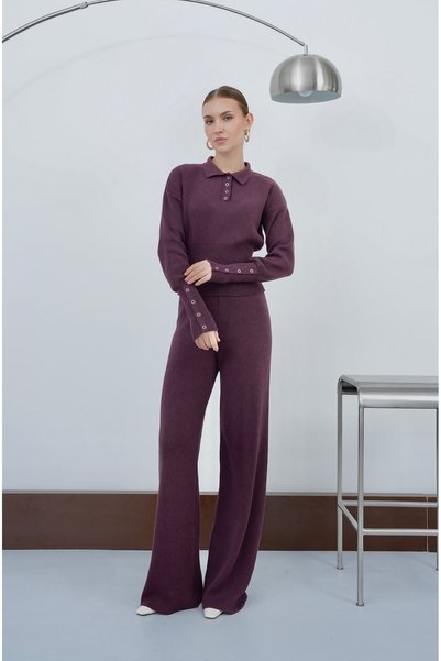 ZS Zey Studio Women's Burgundy Polo Collar Detailed Blouse Pants Knitwear Set
