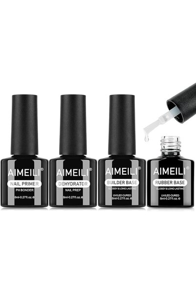 AIMEILI مجموعة من 4 قطع: برايمر ومجفف للأظافر، وقاعدة مطاطية، 8 مل، تركيبة جل...