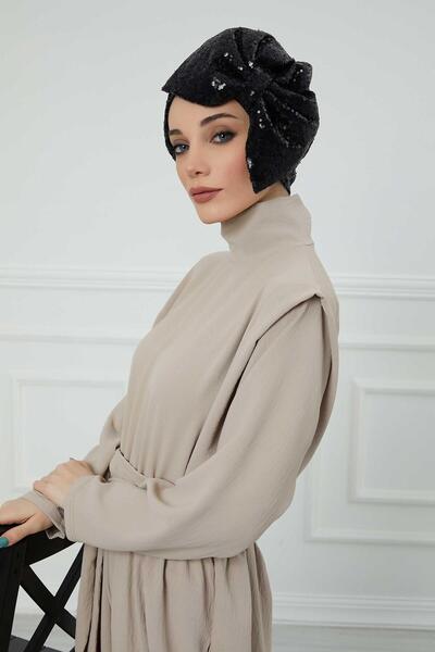 METKAR Giant Bowknot Sequined Bonnet, B-70 Black