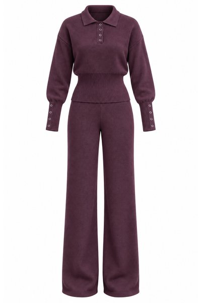 ZS Zey Studio Women's Burgundy Polo Collar Detailed Blouse Pants Knitwear Set