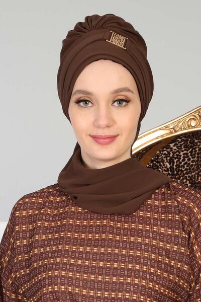 METKAR Design Chiffon Ready-To-Wear Turban with Gold Accessories, Ht-11 Brown