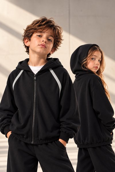 LUESS Unisex Kız Erkek Çocuk Gri Melanj Şerit Detaylı Reglan Kol Kapüşonlu Fe...