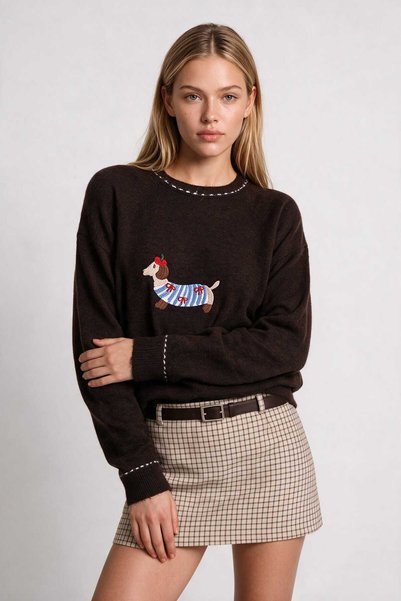 Lovelyİstanbul Embroidered Oversize Knit Sweater Lyy0150 Brown