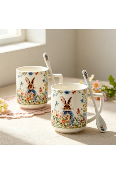 idei Gift set of 2 ceramic garden rabbit mugs with gift box and spoons, heigh...