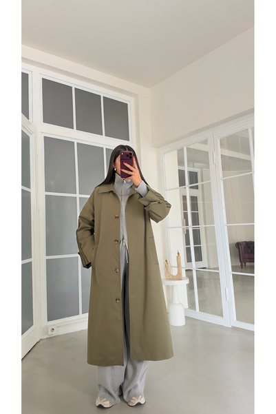 GAUS CO Yeşil Kol Şeritli Astarlı Trençkot GAUS-02245