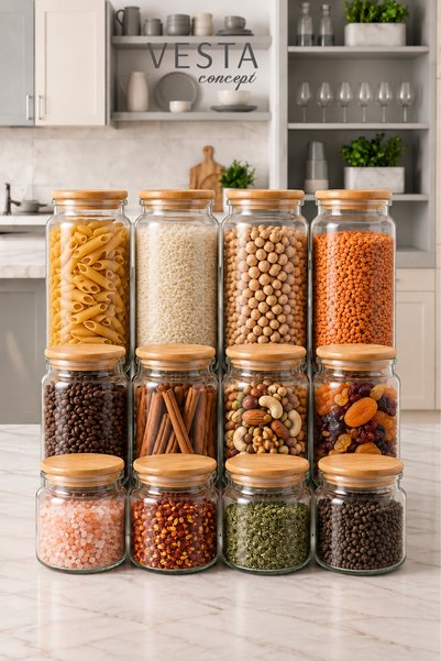 VESTA Concept 12-Piece Glass Jar Set with Airtight Bamboo Lids - 3 Different ...