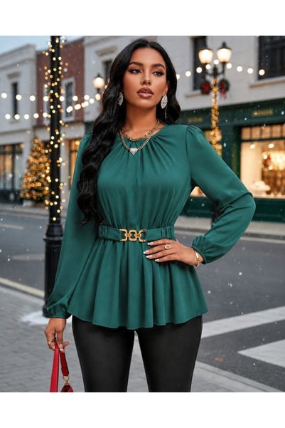 bysocafashion بلوزة نسائية من قماش الكريب جانجان بأكمام طويلة وياقة دائرية وت...