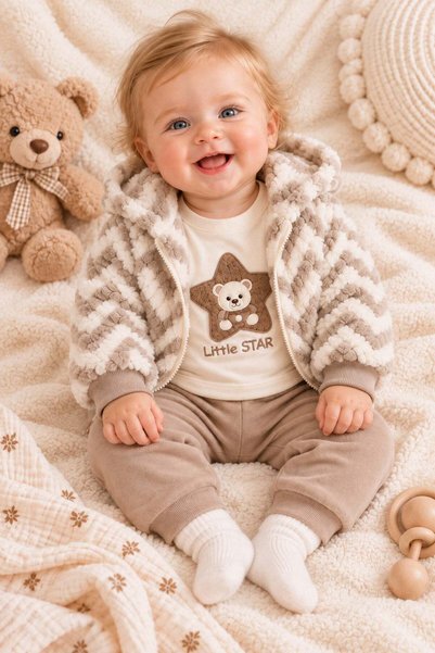 dinamik çocuk Baby Boy Plush Hooded Zippered Cardigan Teddy Bear Embroidered Long Sleeve Badi and Sweatpants 3-Piece Set