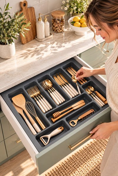 GATO SHOP Çekmece İçi Kaşıklık Organizer – 10 Bölmeli Antrasit Gri Çatal Kaşı...