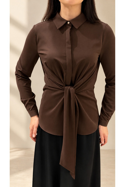 DAWN LİNE Women's Bitter Brown Front-Tie Blouse - Long Sleeve Shirt with Elastic Back and Self-Tie Belt