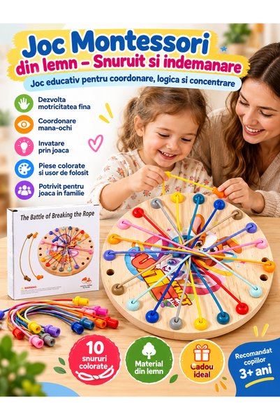 OEM Joc de Logică Rope Challenge din Lemn, Puzzle cu Șnururi Colorate, 2-4 Ju...