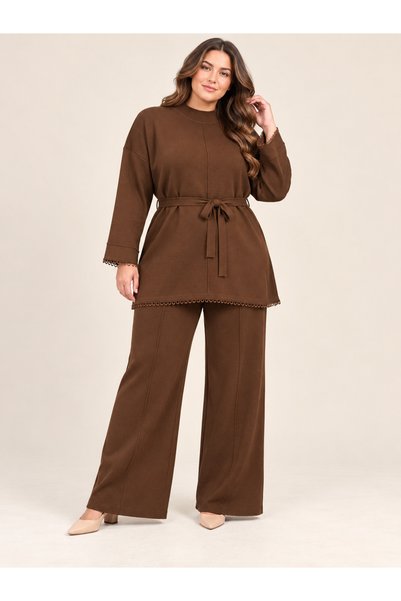 bezeXL Plus size tie-up knitwear set brown