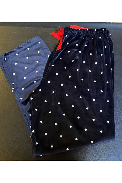 Lady Queen Fransız Kadife Pijama Altı Lacivert Beyaz Puantiyeli 8020