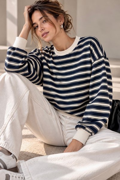 bb butik basic Kadın Çizgili Bisiklet Yaka 2 İplik Sweatshirt Rahat Kalıp MY3535