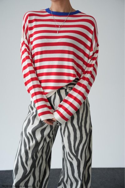 Lupies Women's Cream-Red Striped Long Sleeve Knit Sweater