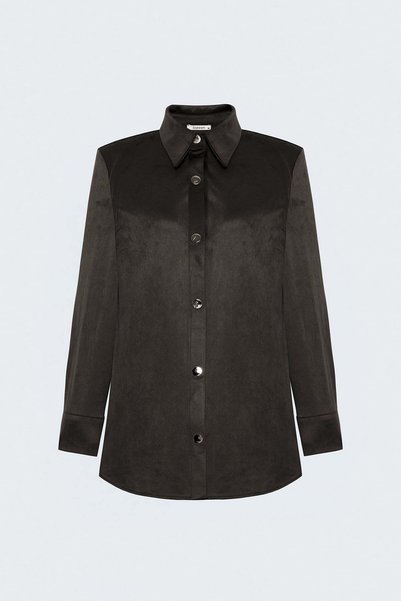 Sateen Çıtçıt Detaylı Süet Gömlek - Kahve