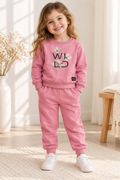 dinamik çocuk Girl's floral print fleece-lined crewneck sweatshirt and sweatpants 2-piece set, ages 2-5