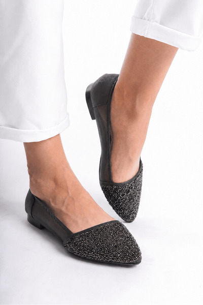 Hepsi Moda Stone Detailed Mesh Ballerinas - Anthracite