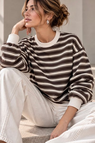 bb butik basic Kadın Çizgili Bisiklet Yaka 2 İplik Sweatshirt Rahat Kalıp MY3535