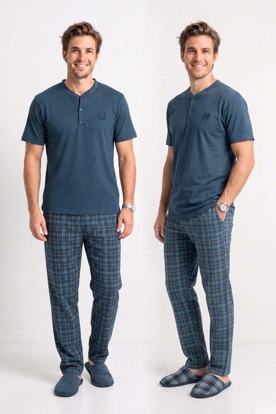 Kompedan Erkek Genç %100 Pamuk Önü Patlı Pijama Takımı | Füme 619