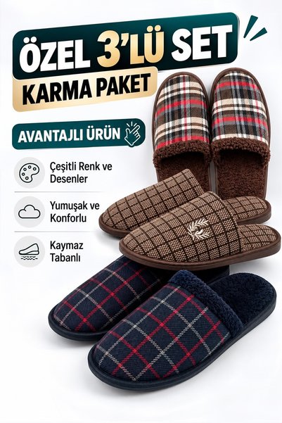 Auris 3’lü Erkek Kışlık Ev Terliği Avantajlı Paket Çeyizlik Bohçalık Misafirl...