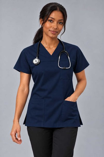 EMİR MEDİKAL (E-Flex) Navy Blue Lycra Women's Single Top Non-Ironing Nurse and Doctor Uniform Scrubs Hospital Uniform