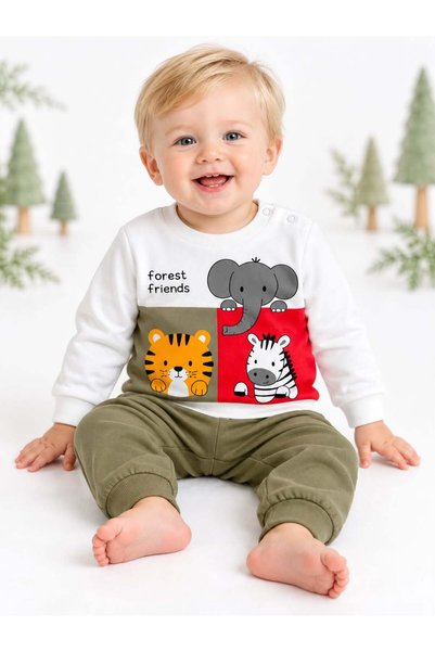 Oz Baby Baby Boy Set Seasonal Shoulder Snap Fastener Elephant Tiger Zebra Printed Top and Bottom Set 9-24 Months
